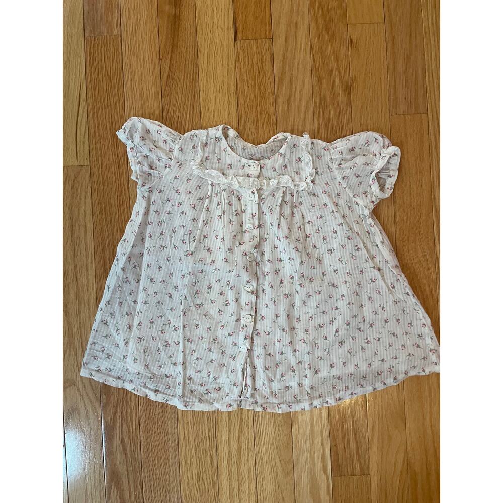 Vintage Girls Voil Floral Button Down‎ Top with lace trim